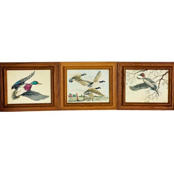 Vintage Canadian Geese In Flight Farm Scene Marble Etching Framed Signed - Picture 6 of 6